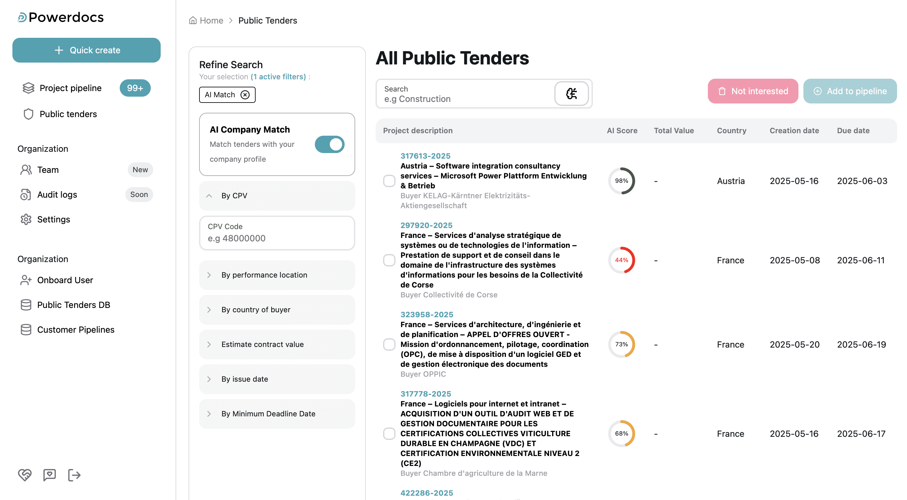 Powerdocs dashboard showing public tenders and AI matching
